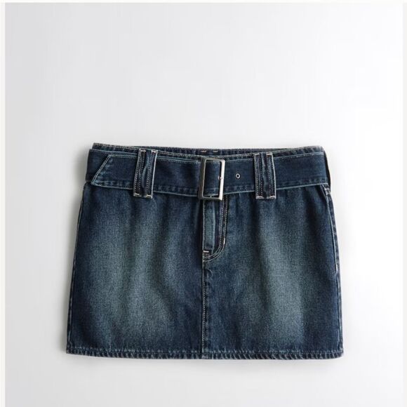 HOLLISTER LOW-RISE BELTED DENIM MINI SKIRT DARK WASH NWT - Picture 1 of 8